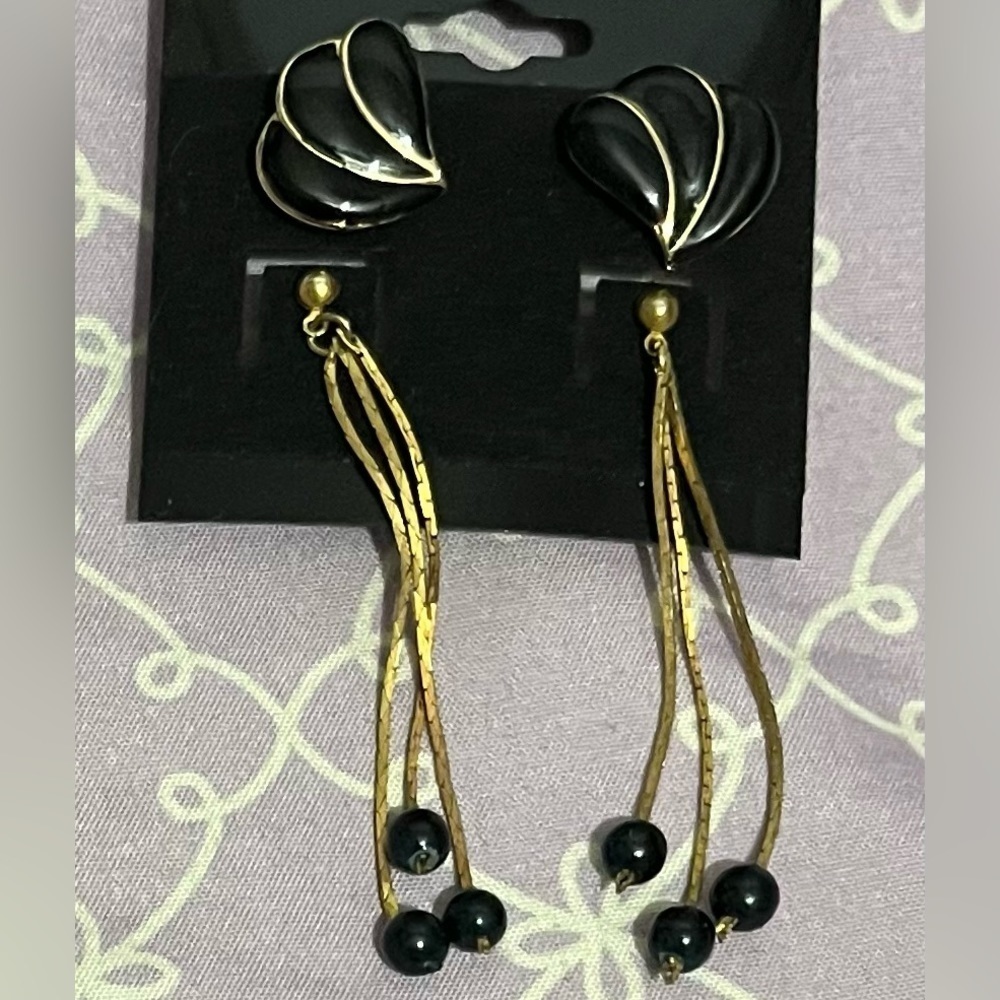 Earrings matching set 2 pair. One black and gold posts, one pair of dangles.